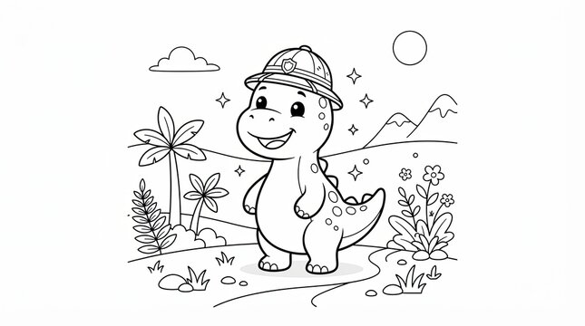 Cute baby dinosaur wearing a safari hat in a jungle for coloring page