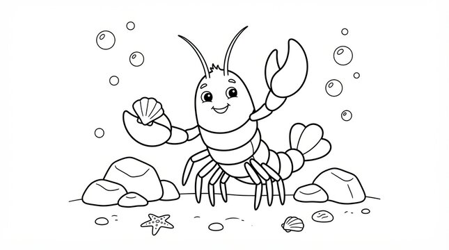 Cute cartoon lobster holding a seashell on the ocean floor coloring page