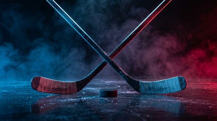 Fototapeta premium Ice hockey sticks crossed with a puck amidst smoke and colorful neon blue and red light.