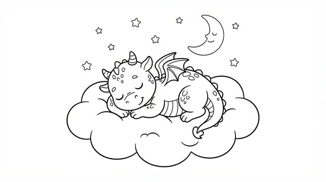 Cute baby dragon sleeping on a fluffy cloud with moon and stars
