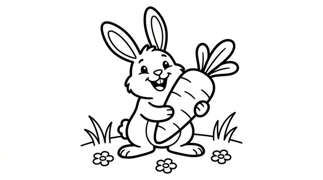 Cute cartoon rabbit holding a fresh carrot for a coloring book page