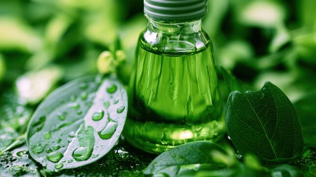 Green oil bottle sits on leaves with water droplets in a natural setting during daylight