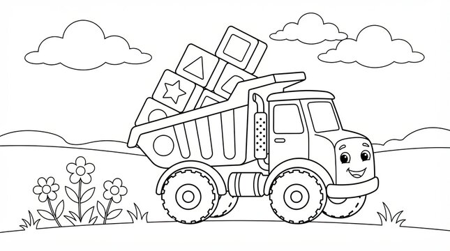Cute cartoon dump truck carrying building blocks coloring page for kids