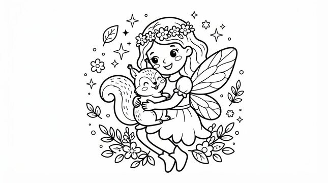 Cute fairy girl hugging a little squirrel for kids coloring page