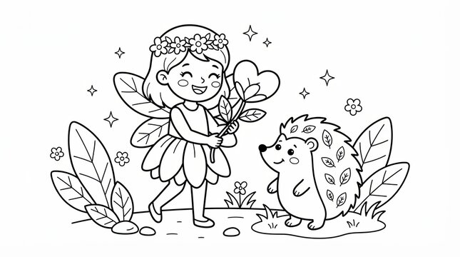 Little fairy girl with a flower and a cute hedgehog coloring page