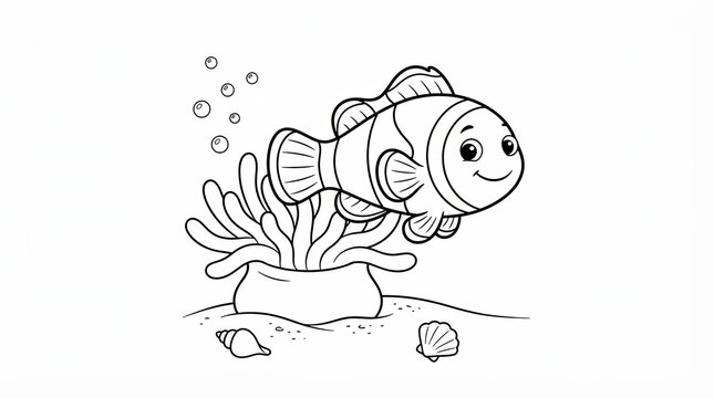Cute clownfish swimming near a coral reef for kids coloring page