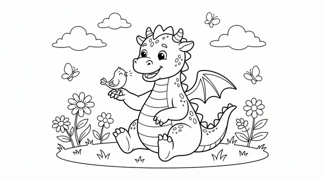 Cute little dragon sitting in a garden with a bird and flowers