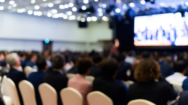 Large crowd attends conference with speaker on stage in bright venue filled with lights