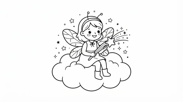 Cute little fairy girl sitting on a cloud with a magic star wand