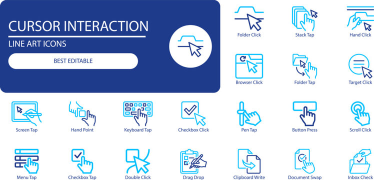 Cursor interaction icons set. Outline vector collection of mouse, hand, click and touch symbols for web and app design