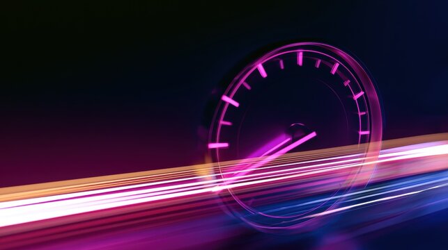 Speedometer showing high speed with blurred lights in background at night