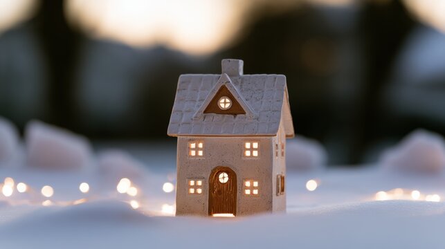 Small model house with lights in the snow during winter evening