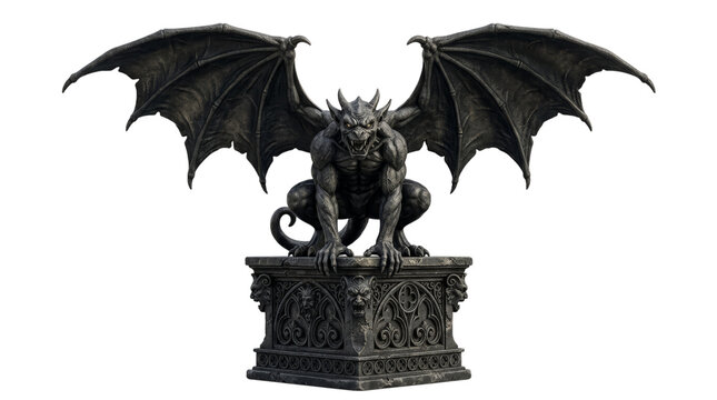 Gothic gargoyle stone statue with bat wings, dark mythical creature sculpture on an ornate pedestal, medieval fantasy demon figure isolated on Transparent Background