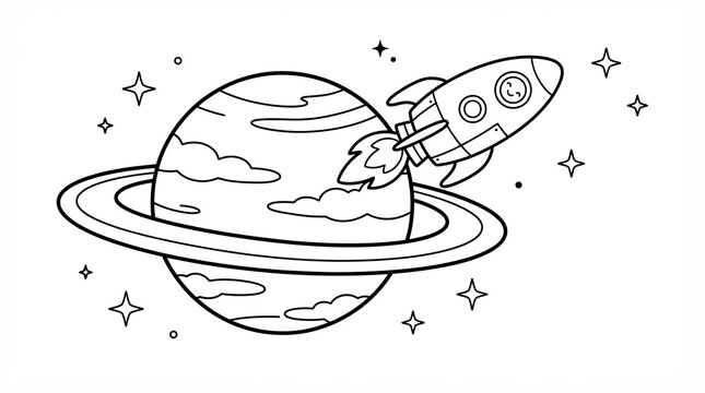 Cute cartoon rocket ship flying past a planet in outer space