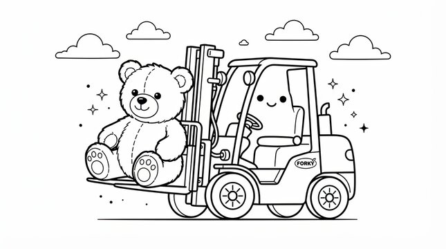Cute cartoon forklift driving and carrying a big soft teddy bear toy