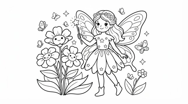 Cute little fairy with a magic wand and flowers for kids coloring page