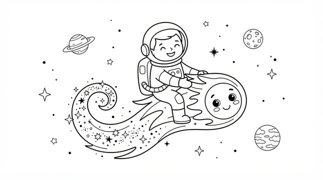 Cute cartoon astronaut boy flying on a happy shooting star in space