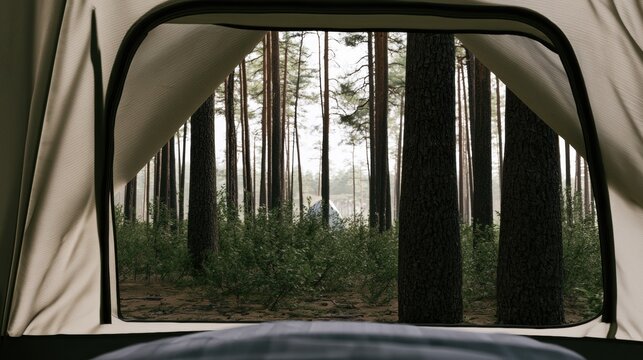 Camping in the forest with a view of tall trees from inside a tent during a foggy morning