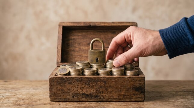 Close up of man hand putting coins into wooden box with padlock, financial security, saving money for future investment, retirement fund protection and wealth accumulation