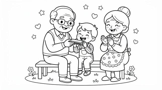 Grandparents and grandson playing harmonica together
