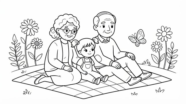 Grandparents and little girl sitting on a picnic blanket coloring page