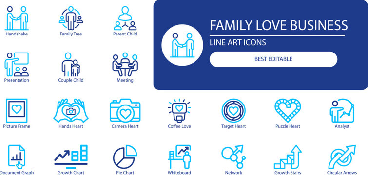 Family love and business icons set. Outline vector collection of people, heart, camera and growth symbols for lifestyle and corporate design