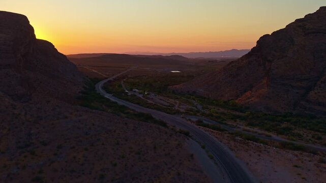 Sunrise aerial view over Red Rock Canyon mountains at sunrise