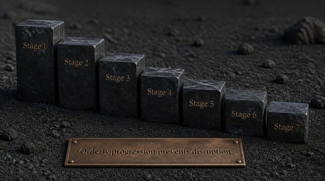 Seven dark marble blocks labeled Stage 1 through Stage 7 arranged in descending height on a volcanic ground with a bronze plaque reading Orderly progression prevents disruption.