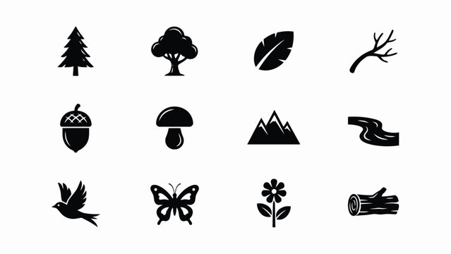 Nature icons set with trees leaves with white background including acorns mushrooms mountains collection black nature collection 12