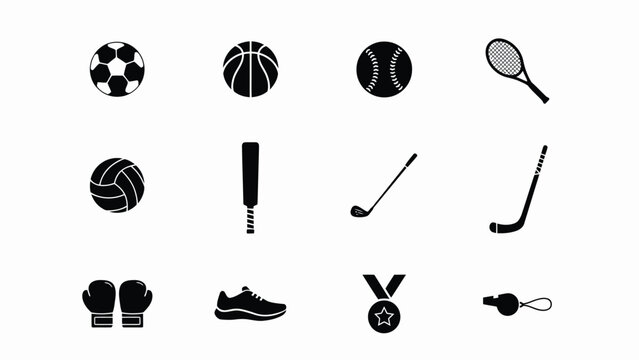 Sports equipment with displays collection 12 black white sports icons basketball volleyball athletics baseball fitness with boxing