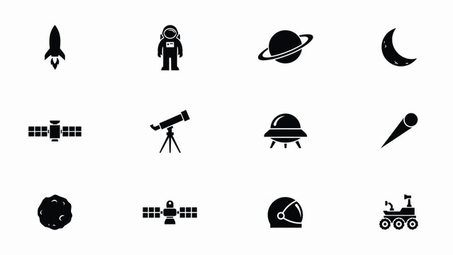 Black icons of space with space astronomy objects space suit astronaut satellite telescope spaceship asteroid rocket with planet