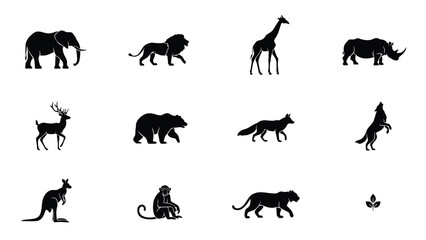 Fototapeta premium Black silhouettes of various wild animals on white background with animals including elephant lion giraffe rhinoceros rhinoceros deer bear