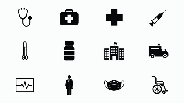 Medical icons set with background including stethoscope displays collection black cross syringe thermometer stethoscope first aid