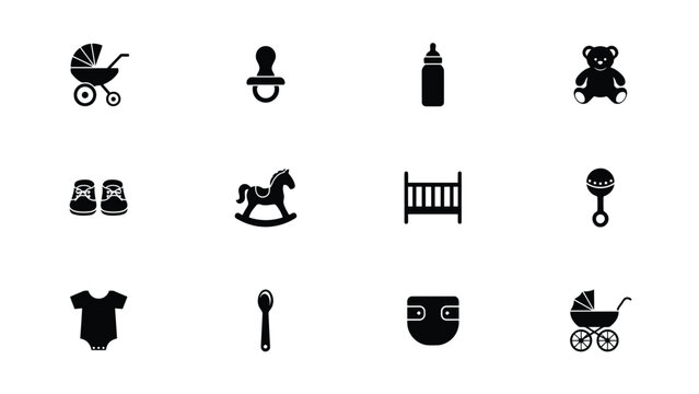 Baby care with black silhouettes various baby related items white background rocking horse baby carriage teddy bear stroller