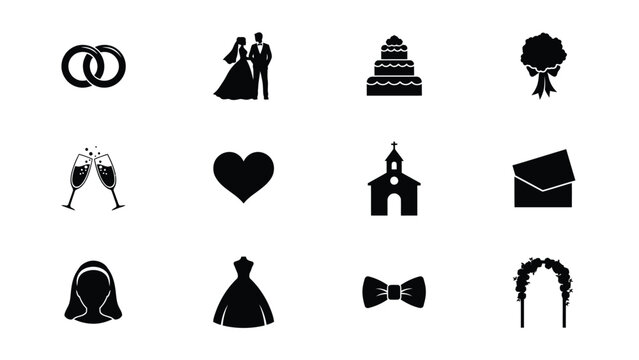 Wedding icons and symbols in black silhouette with collection black wedding related icons white background background