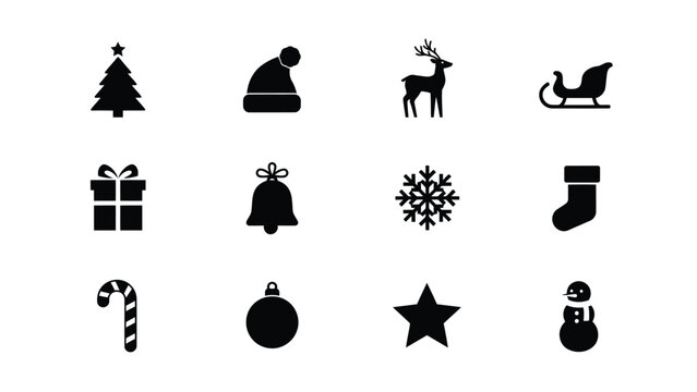 Christmas icons on white background with black christmas candy cane snowflake stocking ornament reindeer 12 black symbols with holiday