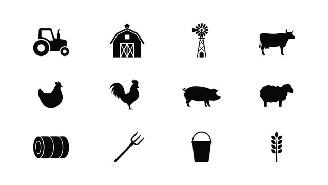 Farm icons and symbols in black silhouette with collection black farm related icons white background hay bale agriculture with countryside
