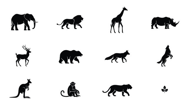 Black silhouettes of various wild animals on white background with animals including elephant lion giraffe rhinoceros rhinoceros deer bear