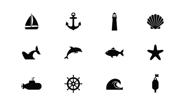 Nautical icons with background including sailboat sailboat anchor lighthouse displays collection black white background steering wheel