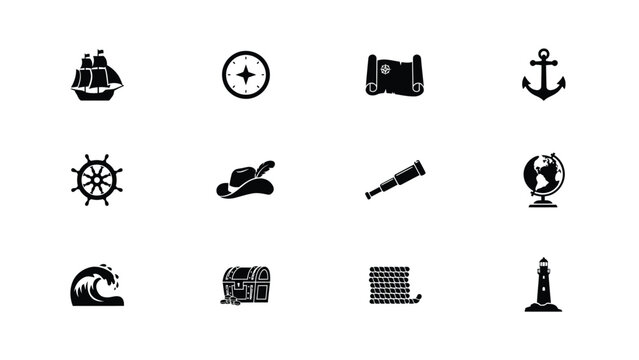 Nautical symbols with collection 12 black nautical icons white background background including ship ship compass anchor treasure chest