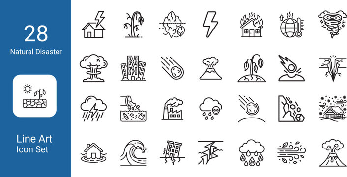 Natural disaster and climate change clean line art icon collection. Includes line art symbols tornado, earthquake, flood, volcano and more. Isolated icons on white background.