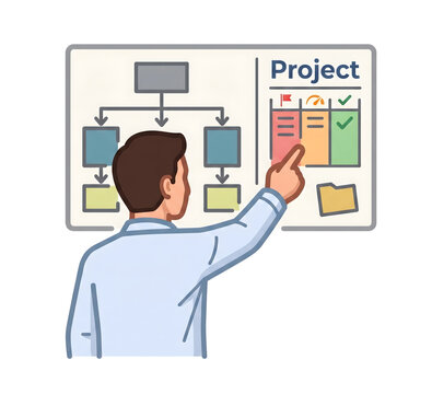Project manager pointing at a whiteboard with a flowchart and task board vector illustration