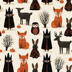 Naklejka premium Minimalist woodland Halloween pattern with fox, owl, deer, rabbit, and bare tree warm orange and black tones creating cozy