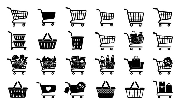 Shopping Cart and Grocery Basket Flat Vector Icons Set for E Commerce and Retail