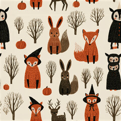Naklejka premium Minimalist woodland Halloween pattern with foxes, rabbits, owls, deer, pumpkins, and bare trees in warm autumn colors