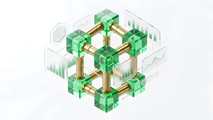 Obraz premium 3D Crystalline Emerald Cubes with Brass Connections