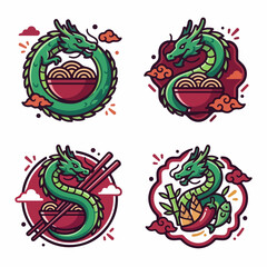 Obraz premium Colorful Dragon Illustrations with Asian Food Elements.