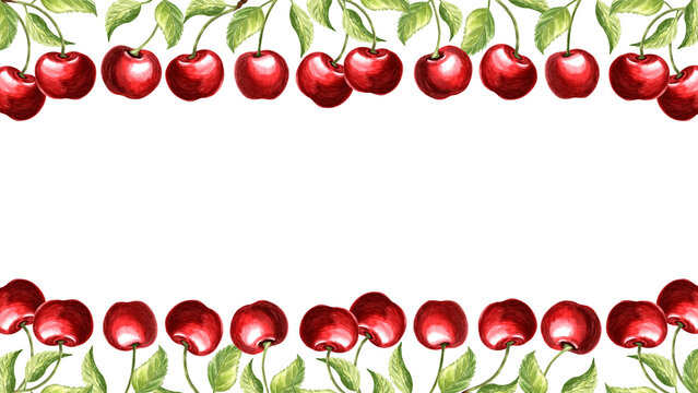 Red cherries with leaves and flowers watercolor postcard template. Fruit background hand drawn illustration for healthy eating design. Organic farm food for packaging jam, skincare, textile, sticker.