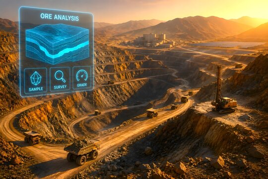 Open pit mine site analysis overlay at golden hour