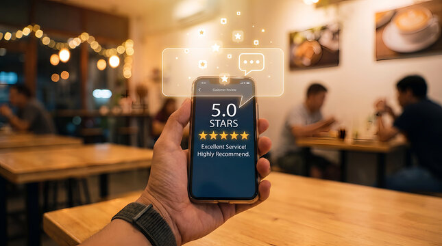 Smartphone held by a customer displaying a five-star rating overlay inside a warm, cozy restaurant setting.